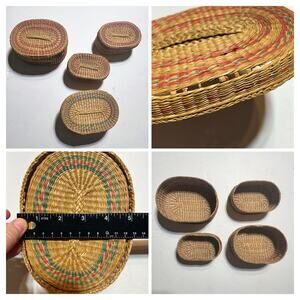 Vtg Handwoven Oval Sweetgrass Nesting Baskets Set of 4 Lidded Boho Storage READ